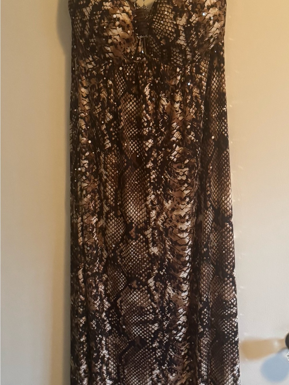 Dots Strapless Brown and Cream Snake-Print Maxi Dress